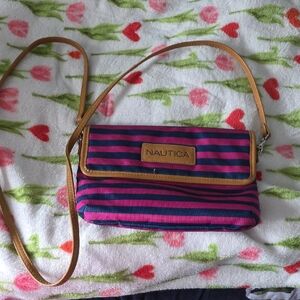 Nautica Pink and Navy Striped Crossbody with Tan Strap